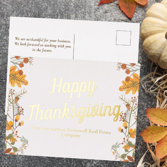 Custom Business Thanksgiving Chic Fall Leaves Gold Foil Holiday Postcard (Creator Uploaded)