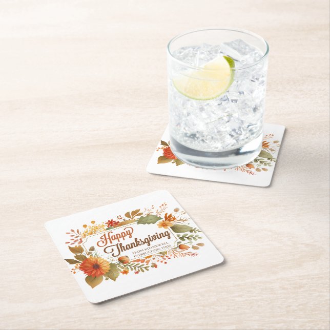 Custom Business Thanksgiving Party Fall Flowers Square Paper Coaster (Insitu)