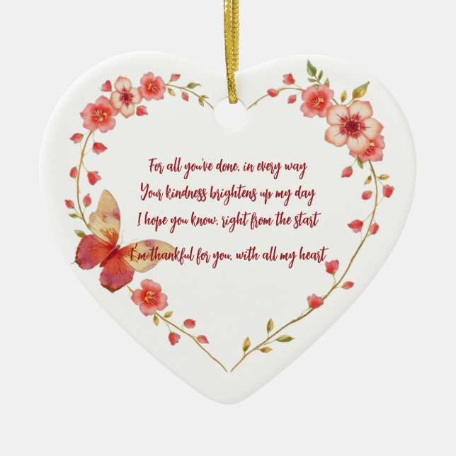 Custom Butterflies and Flowers Heart Thank You Ceramic Tree Decoration (Front)