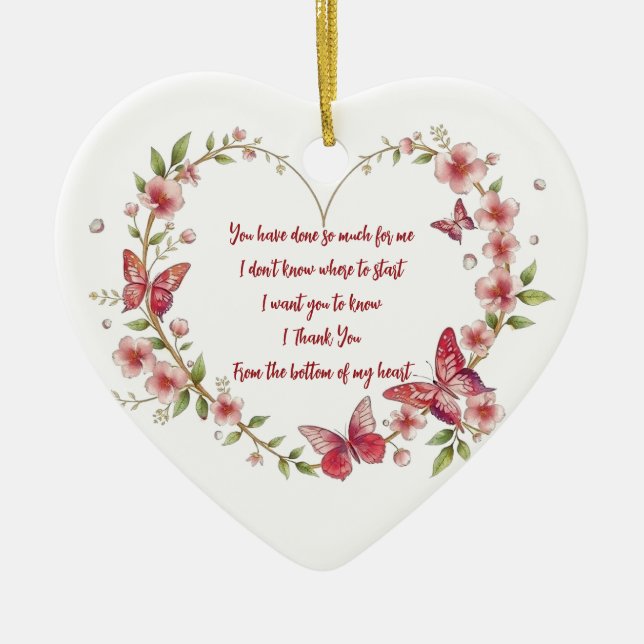 Custom Butterflies and Flowers Heart Thank You Ceramic Tree Decoration (Front)