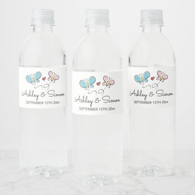 Custom butterflies fluttering wedding reception water bottle label (Bottles)