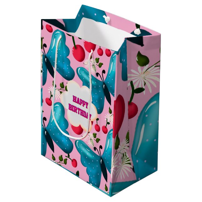 Custom butterfly birthday party matching set medium gift bag (Front Angled)