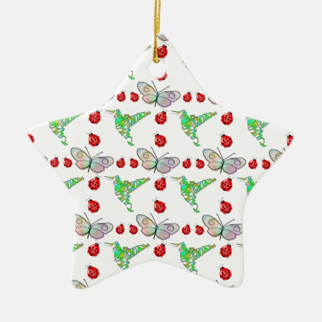 Custom Butterfly, Hummingbird and Ladybug Pattern Ceramic Tree Decoration (Front)