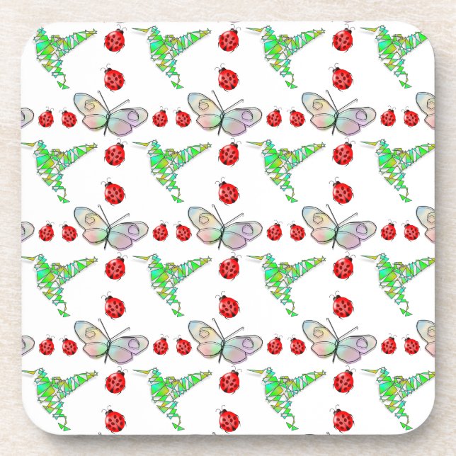 Custom Butterfly, Hummingbird and Ladybug Pattern Coaster (Front)
