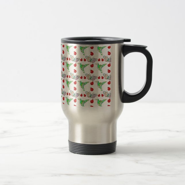 Custom Butterfly, Hummingbird and Ladybug Pattern Travel Mug (Right)