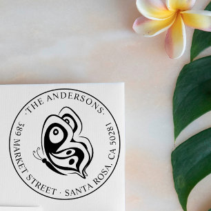 Custom Butterfly Round Family Name Return Address Rubber Stamp
