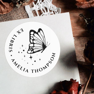 Custom Butterfly & Stars Round Ex Libris Bookplate Classic Round Sticker