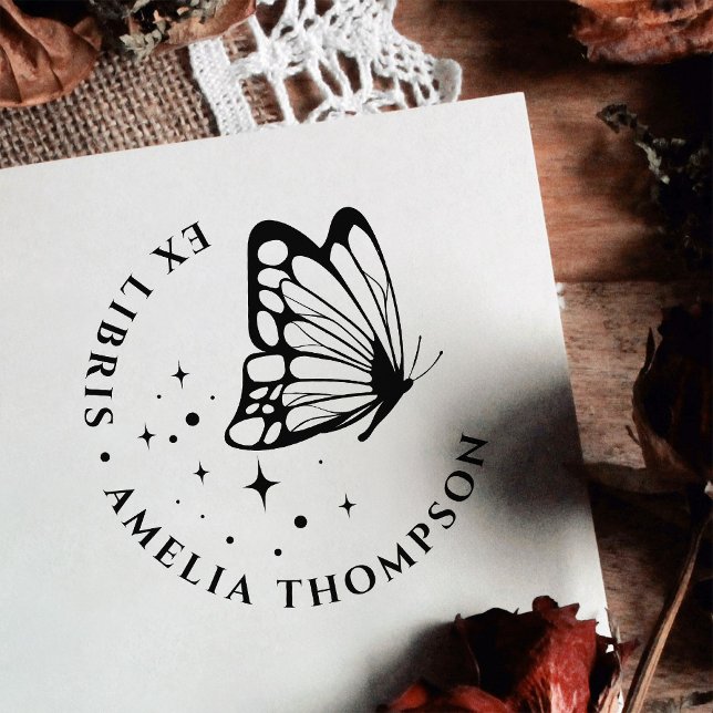 Custom Butterfly & Stars Round Ex Libris Bookplate Self-inking Stamp (Creator Uploaded)