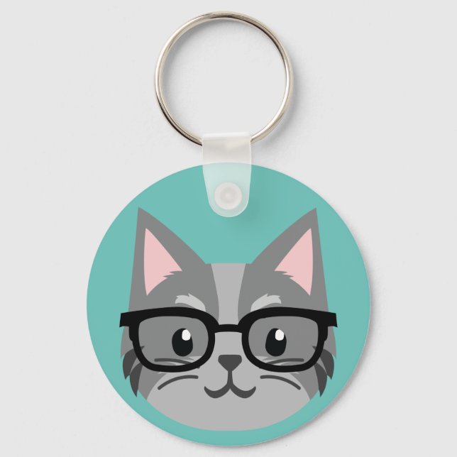 Custom Button Keychain - Smart Cat Grey (Front)