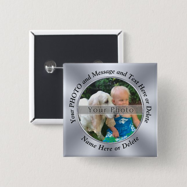 Custom Button Pins Cheap with Photo, 2 Text Boxes (Front & Back)