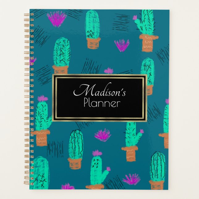 Custom Cactus Doodle Name Gold Planner (Front)