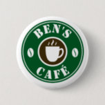 Custom cafe barrista round name badge buttons<br><div class="desc">Custom cafe barrista round name badge pinback buttons for coffee bar, cafe, restaurant, shop, business etc. Personalised round name badges with cup and beans design. Available in small , medium and large. Create badges for staff, personnel, company co workers, boss, manager, employees, colleagues etc. Add your own name or monogram...</div>