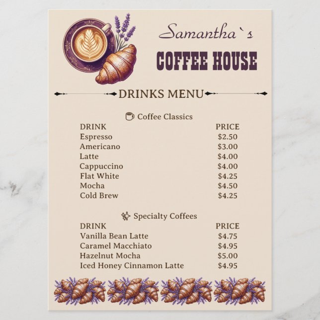 Custom Cafe Merch Vintage Croissant With Lavend Menu (Front)