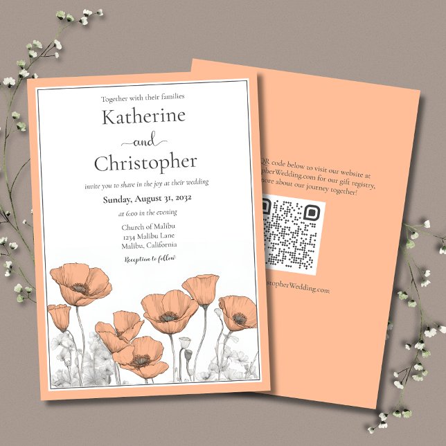 Custom California Poppy Peach Floral Wedding Invitation (California Poppies floral wedding invitation in Peach Fuzz with QR code for wedding website.)
