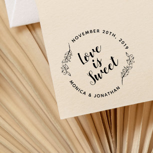 Custom Calligraphy Love Is Sweet Botanical Wedding Rubber Stamp