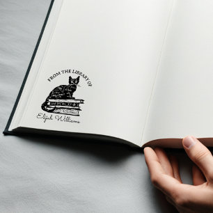 Custom Calligraphy Name, Library Cat Book  Rubber Stamp