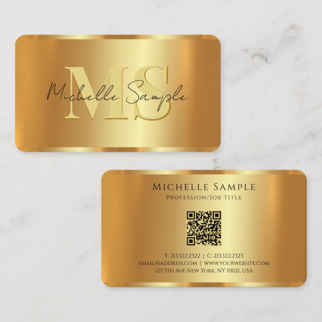 Custom Calligraphy Name QR Code Gold Monogram Business Card (Front/Back)