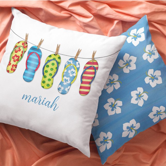 Custom Calligraphy Script Beach  Cushion (Cute Beach Flip Flops Personalized Pillow. )