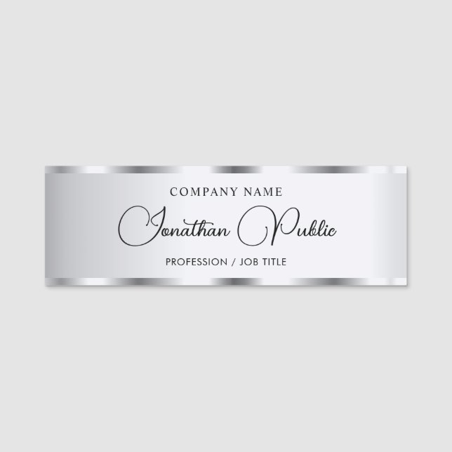 Custom Calligraphy Script Template Elegant Silver Name Tag (Front)