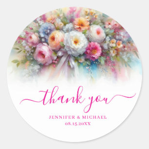 Custom Calligraphy Thank You Watercolour Flowers Classic Round Sticker
