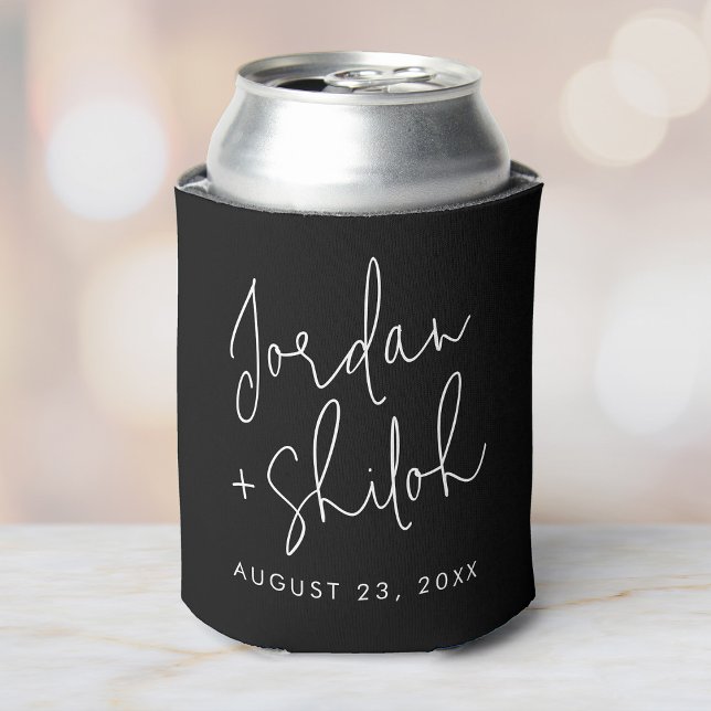 Custom Calligraphy Wedding Elegant Names Can Cooler (A black can with cooler featuring custom names date in white modern script on a soft background.)
