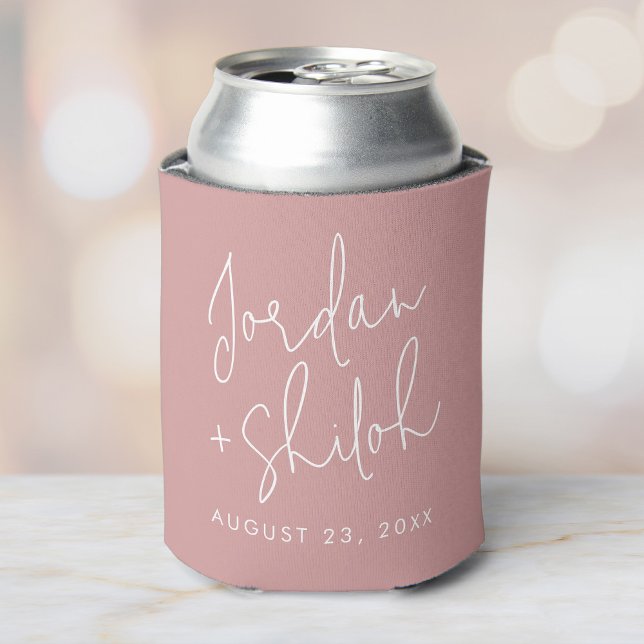 Custom Calligraphy Wedding To have and To hold Can Cooler (A pink can with cooler featuring custom names date in white modern script on a soft background.)