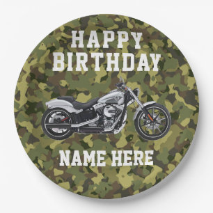 Custom Camo Motorcycle Happy Birthday Name Paper Plate