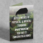 Custom Camo Passing Out Parade Card<br><div class="desc">Custom passing out parade greeting card featuring a military camouflage background,  the soldiers name,  and a congratulations template that is easy to personalize.</div>