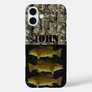Custom Camo Rustic Smallmouth Bass Name Fishing iPhone 16 Plus Case