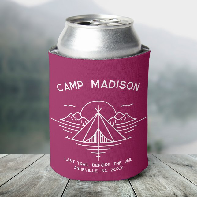 Custom Camp Bachelorette Party Favours Hiking Can Cooler (A can covered in a maroon cooler featuring "Camp Madison" and a line graphic of mountains and a tent)