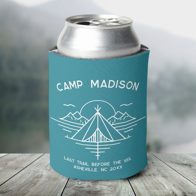 Custom Camp Bachelorette Party Favours Hiking Can Cooler (A can covered in a teal cooler featuring "Camp Madison" and a line graphic of mountains and a tent)
