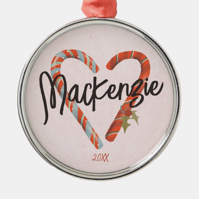 Custom Candy Cane Heart Name Christmas  Metal Tree Decoration (Front)