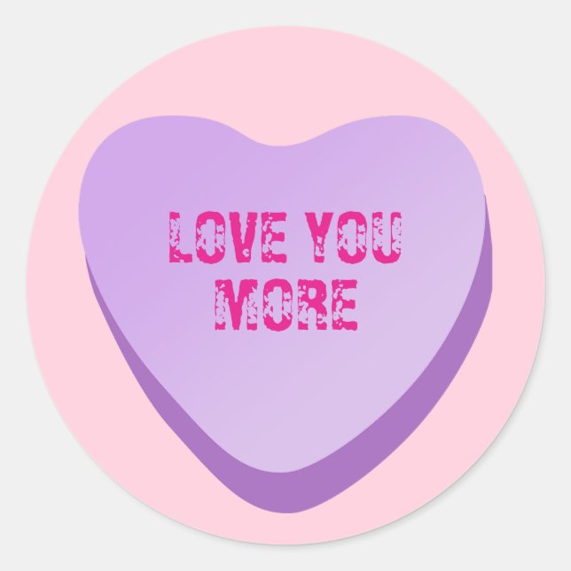 Custom Candy Heart Text - Purple Heart on Pink Classic Round Sticker (Front)