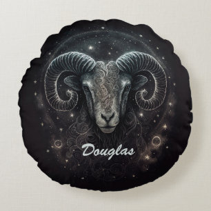 Custom Capricorn Zodiac Sign Black Round Cushion