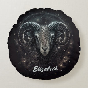 Custom Capricorn Zodiac Sign Black Round Cushion