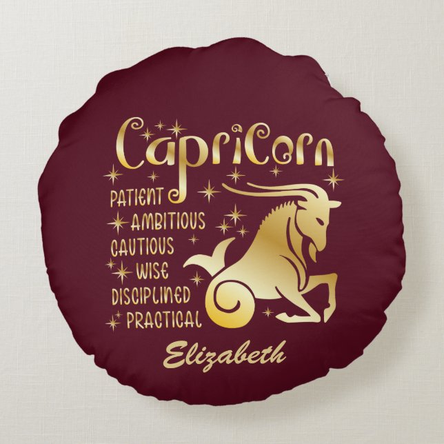 Custom Capricorn Zodiac Sign Gold Maroon Luxury Round Cushion (Back)