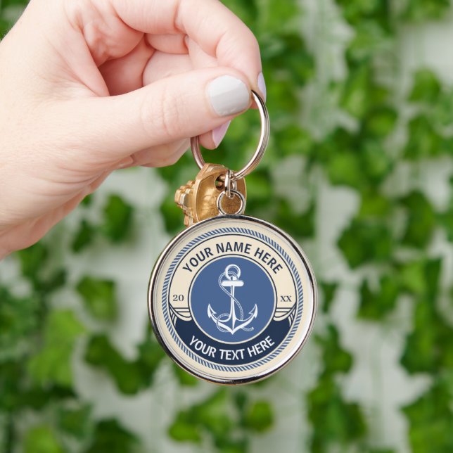 Custom Captain and Boat Name Aanchor Rope Border  Key Ring (Hand)