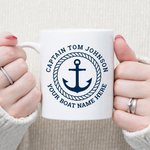 Custom captain and boat name anchor and rope coffee mug