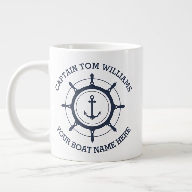 Custom captain and boat name anchor large coffee mug (Left)