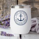 Custom captain and boat name anchor rope border<br><div class="desc">Thermal tumbler featuring a dark blue,  elegant anchor and rope emblem with your custom name and boat name on a white background.</div>