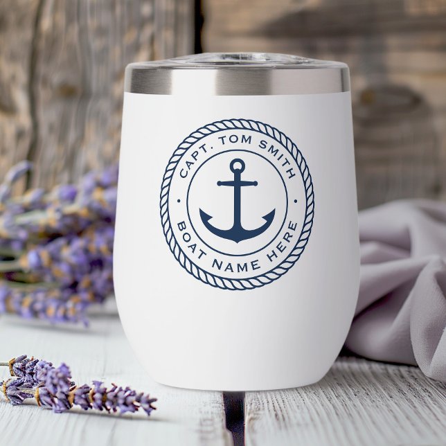 Custom captain and boat name anchor rope border (Custom captain and boat name anchor rope border thermal wine tumbler)