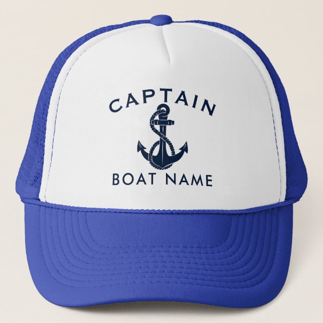 Custom Captain Boat Name Anchor Navy Blue Trucker Hat (Front)