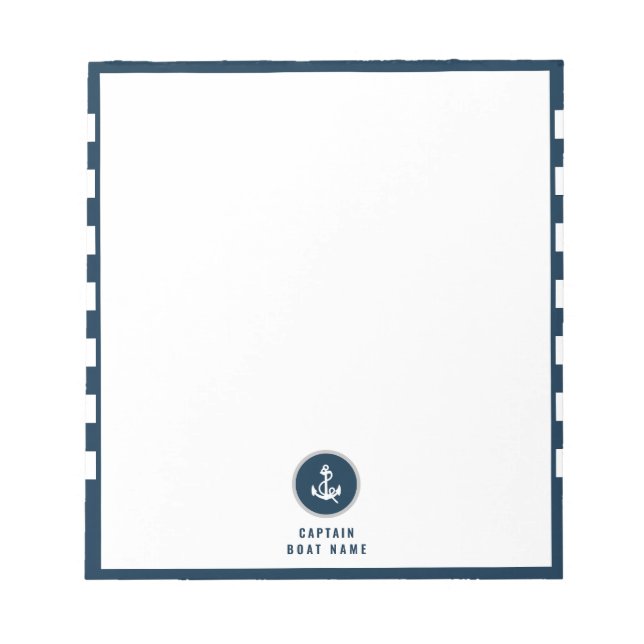 Custom Captain Boat Nautical Anchor Navy Stripes   Notepad (Front)