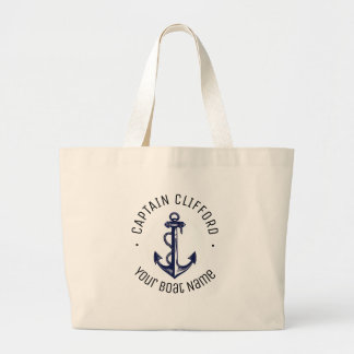 Custom Captain Name Boat Nautical Anchor Navy Large Tote Bag