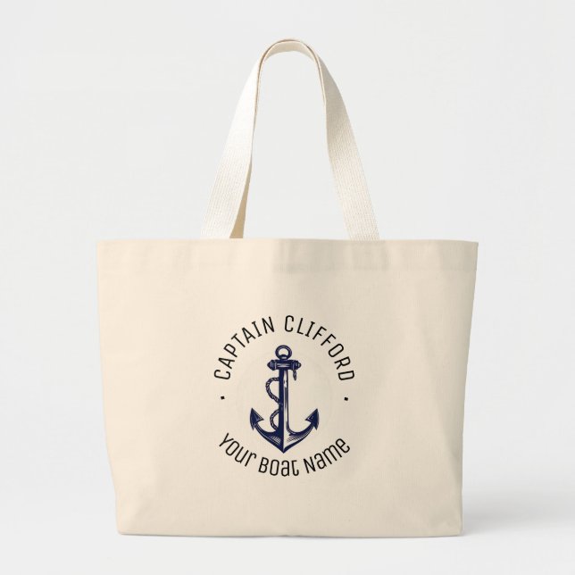 Custom Captain Name Boat Nautical Anchor Navy  Large Tote Bag (Front)