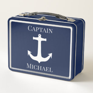 Custom Captain Name Nautical Navy Anchor Metal Lunch Box