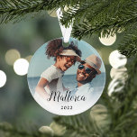 Custom Caption Vacation Photo Ornament<br><div class="desc">Commemorate a special trip or vacation with this elegant acrylic ornament featuring a photo on each side. Personalise with your custom caption using two lines of custom text on each side,  in black lettering on a sheer white overlay.</div>