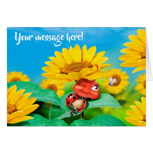 Custom card Snoozing little Ladybug sunflowers (Front Horizontal)