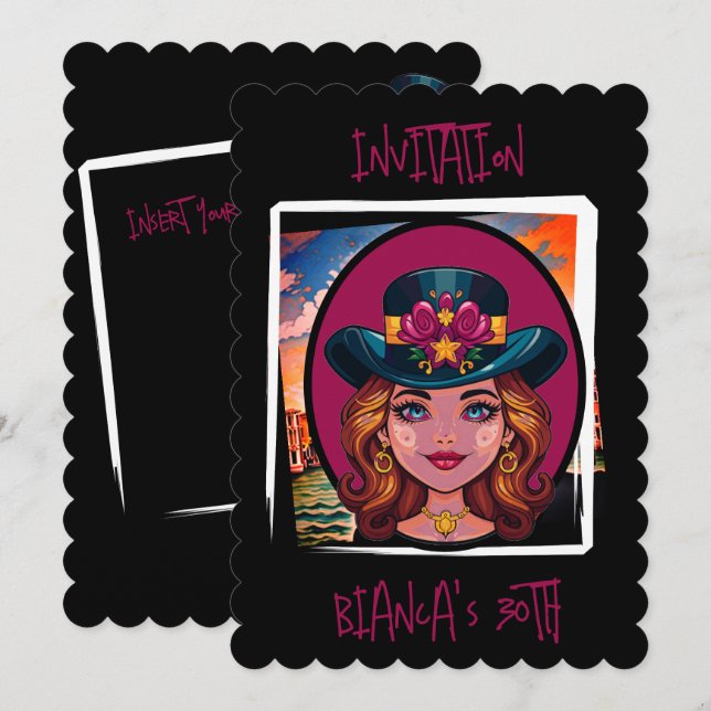 Custom Caricature woman with hat 30th Birthday Invitation (Front/Back)