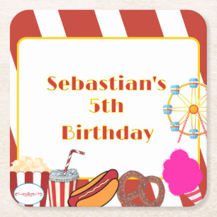 Custom Carnival Birthday Party Square Paper Coaster